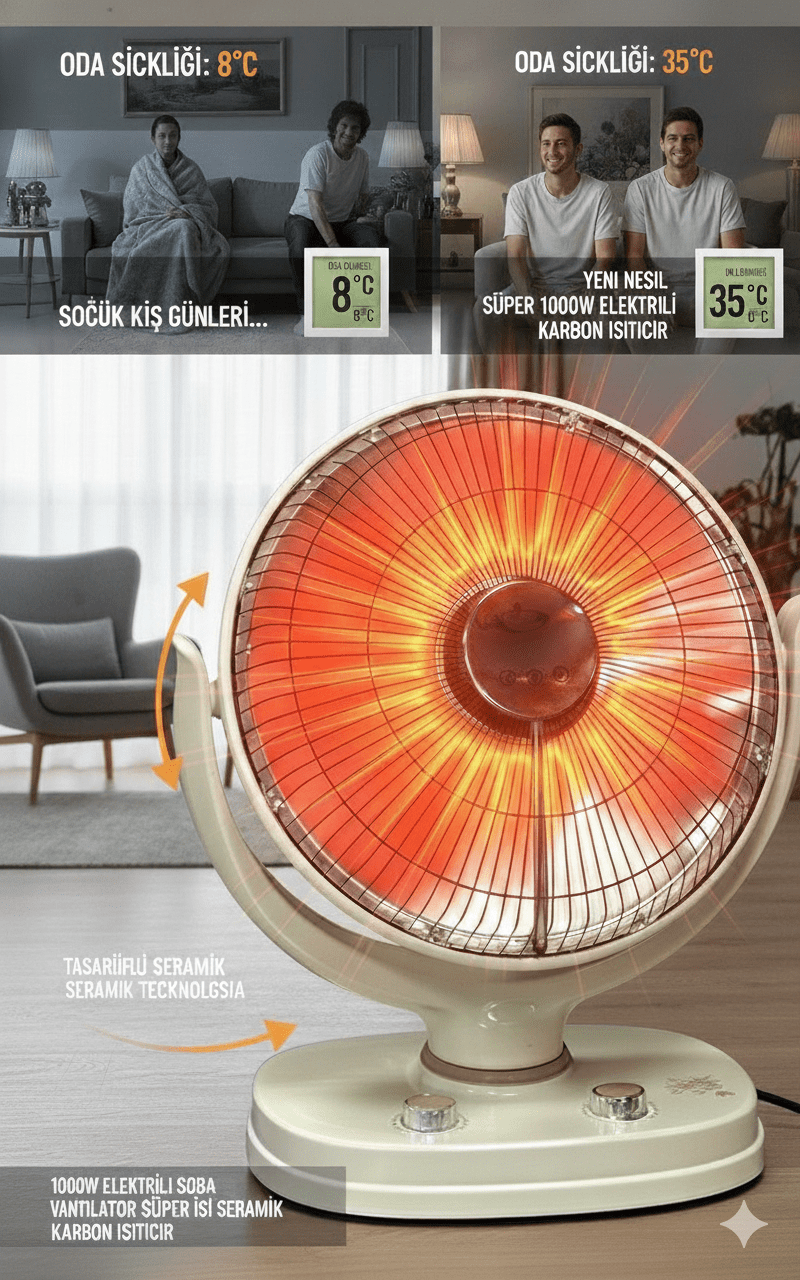 1000W Güneş Karbon Seramik Isıtıcı | Vantilatör Tipi Tasarruflu Isıtıcı
