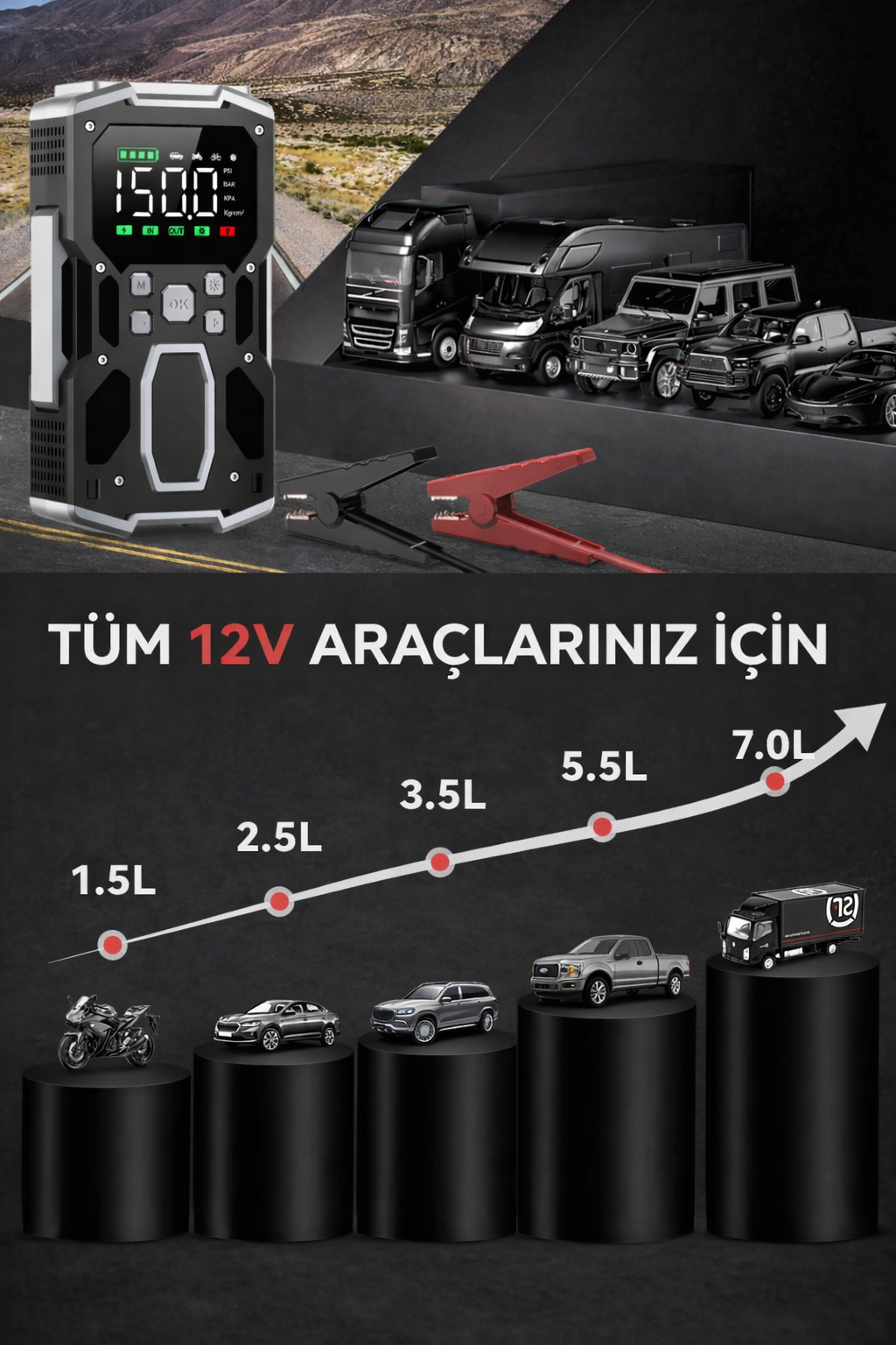Akü Takviye ve Hava Kompresörü 26.800 mAh | Güçlü Jump Starter 7000a - Görsel 4