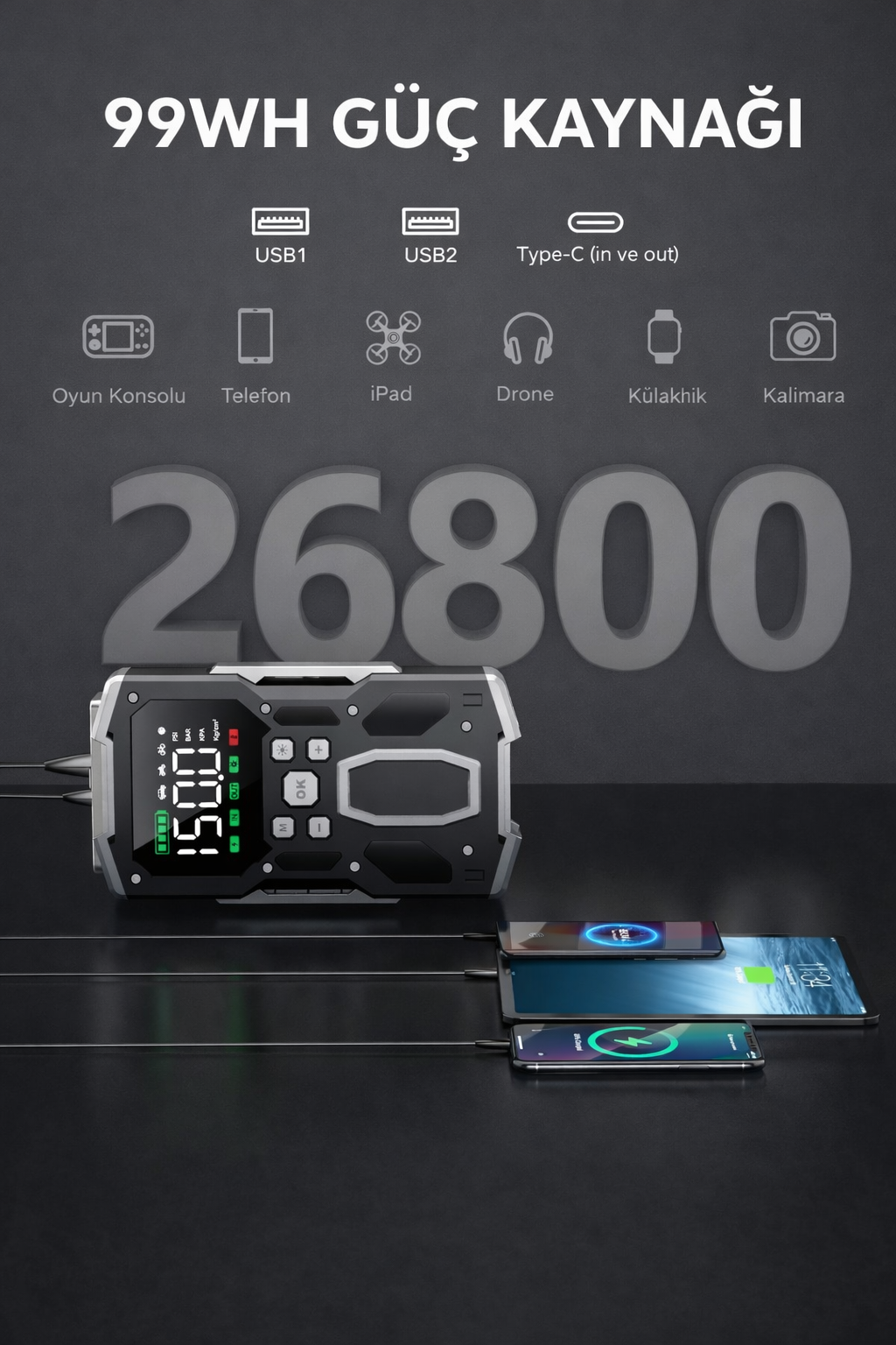 Akü Takviye ve Hava Kompresörü 26.800 mAh | Güçlü Jump Starter 7000a - Görsel 7