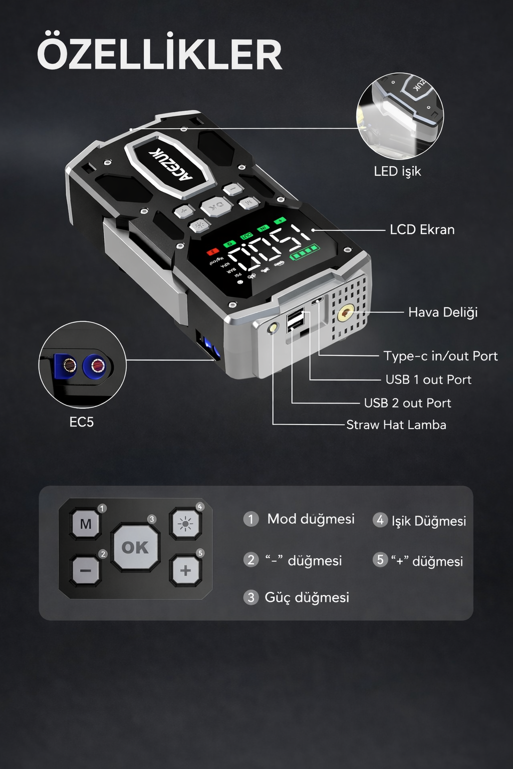 Akü Takviye ve Hava Kompresörü 26.800 mAh | Güçlü Jump Starter 7000a - Görsel 3